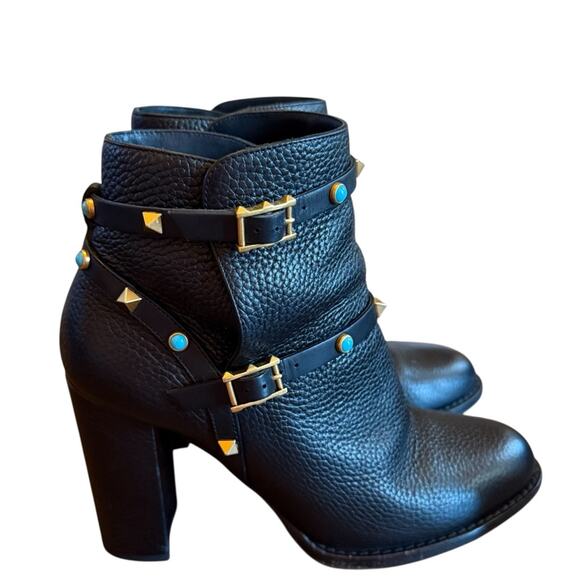 Valentino Garavani Rockstud Turquoise Pebbled Leather Ankle Boots EU 39.5 US 9.5 - Picture 2 of 13